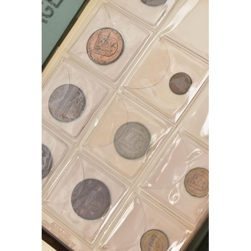 213 - A BOX CONTAINING SEVERAL ALBUMS OF COINS AND TOKENS, to include an album of approx. 80 x mostly 18th... 