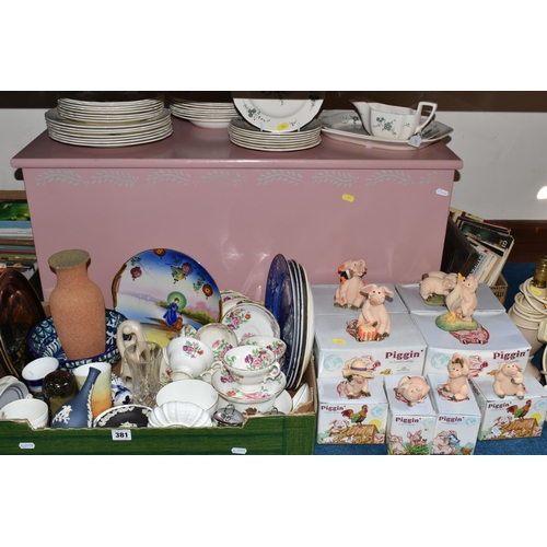 381 - TWO BOXES OF CERAMICS AND DINNERWARE, to include  Copeland Spode dinnerware decorated with a green f... 