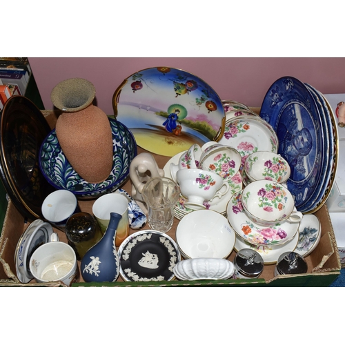 381 - TWO BOXES OF CERAMICS AND DINNERWARE, to include  Copeland Spode dinnerware decorated with a green f... 