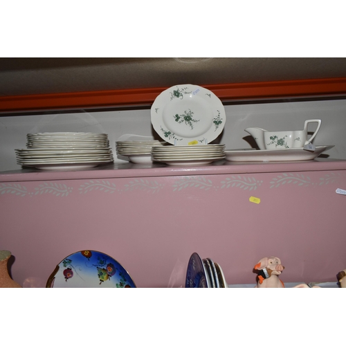 381 - TWO BOXES OF CERAMICS AND DINNERWARE, to include  Copeland Spode dinnerware decorated with a green f... 