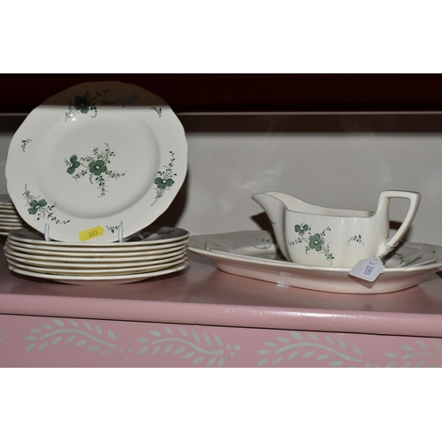 381 - TWO BOXES OF CERAMICS AND DINNERWARE, to include  Copeland Spode dinnerware decorated with a green f... 
