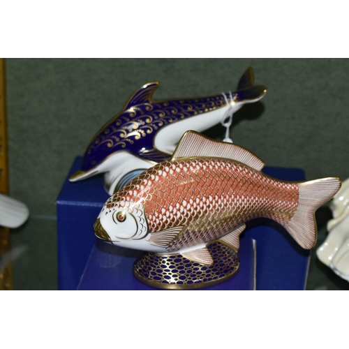 387 - TWO BOXED ROYAL CROWN DERBY IMARI PAPERWEIGHTS, comprising Golden Carp issued 1986-1991, and Dolphin... 