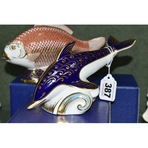 387 - TWO BOXED ROYAL CROWN DERBY IMARI PAPERWEIGHTS, comprising Golden Carp issued 1986-1991, and Dolphin... 