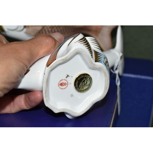 387 - TWO BOXED ROYAL CROWN DERBY IMARI PAPERWEIGHTS, comprising Golden Carp issued 1986-1991, and Dolphin... 