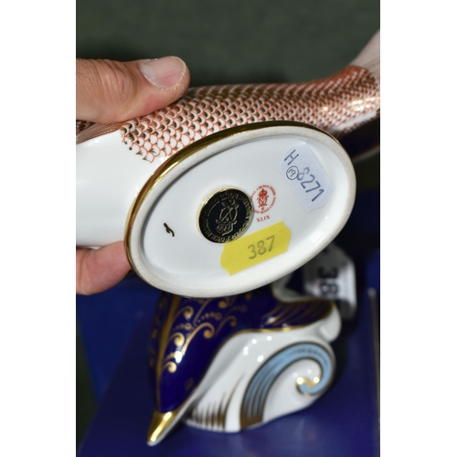 387 - TWO BOXED ROYAL CROWN DERBY IMARI PAPERWEIGHTS, comprising Golden Carp issued 1986-1991, and Dolphin... 