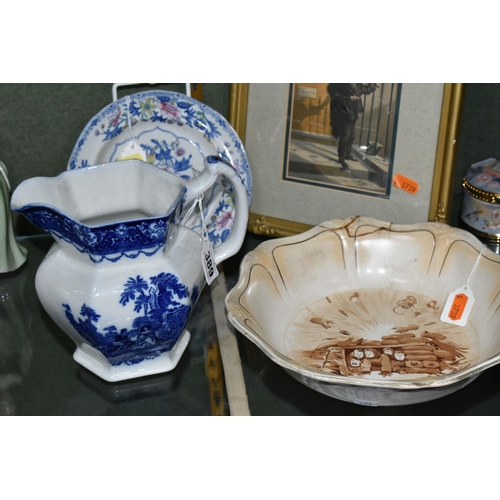 389 - A GROUP OF CERAMICS AND FRAMED PRINT, comprising a late 19th century blue and white Watteau jug, bac... 