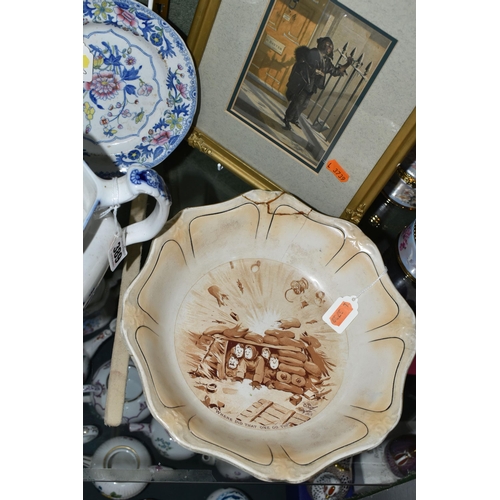 389 - A GROUP OF CERAMICS AND FRAMED PRINT, comprising a late 19th century blue and white Watteau jug, bac... 