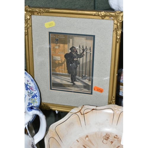389 - A GROUP OF CERAMICS AND FRAMED PRINT, comprising a late 19th century blue and white Watteau jug, bac... 