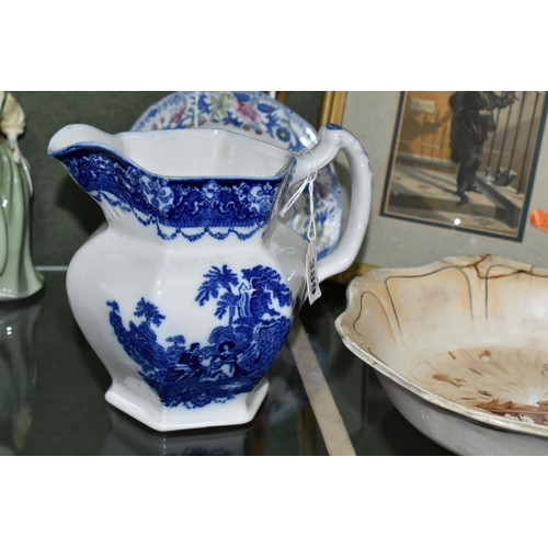 389 - A GROUP OF CERAMICS AND FRAMED PRINT, comprising a late 19th century blue and white Watteau jug, bac... 