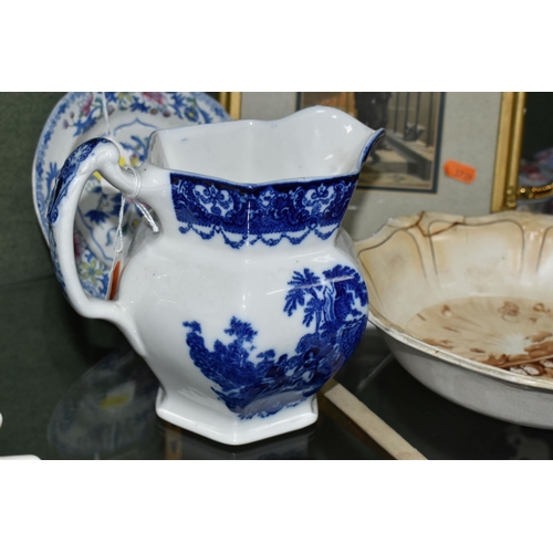 389 - A GROUP OF CERAMICS AND FRAMED PRINT, comprising a late 19th century blue and white Watteau jug, bac... 