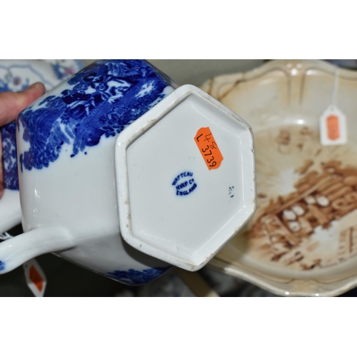 389 - A GROUP OF CERAMICS AND FRAMED PRINT, comprising a late 19th century blue and white Watteau jug, bac... 