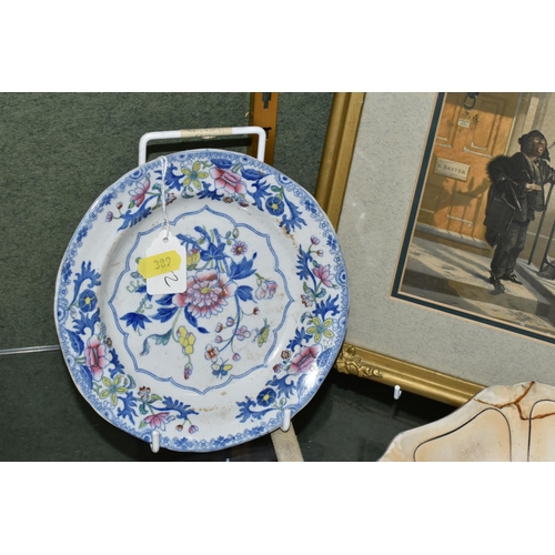389 - A GROUP OF CERAMICS AND FRAMED PRINT, comprising a late 19th century blue and white Watteau jug, bac... 