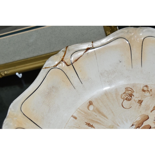 389 - A GROUP OF CERAMICS AND FRAMED PRINT, comprising a late 19th century blue and white Watteau jug, bac... 