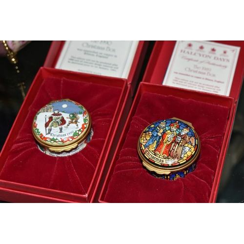 402 - A COLLECTION OF ENAMELLED PILL BOXES, seven boxed Halcyon Days pill boxes comprising 1996 Year of th... 