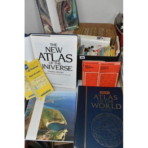 407 - A BOX OF MAPS AND FOUR ATLAS BOOKS, ETC, the box of Ordnance Survey and other folded maps of regions... 