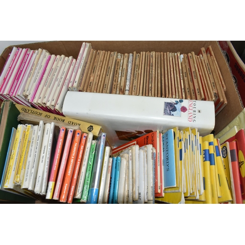 407 - A BOX OF MAPS AND FOUR ATLAS BOOKS, ETC, the box of Ordnance Survey and other folded maps of regions... 