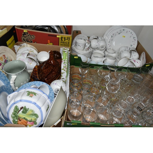 408 - FOUR BOXES OF CERAMICS, GLASS AND METALWARE, including a boxed set of six Portmeirion Botanic Garden... 