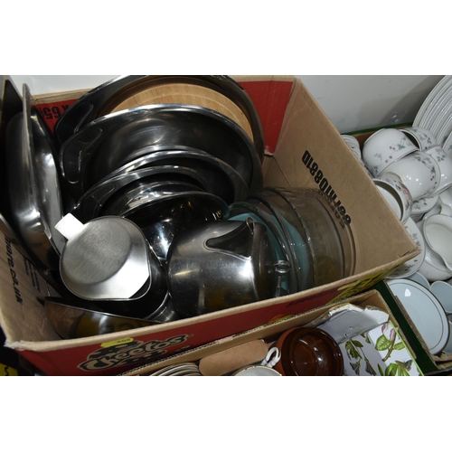 408 - FOUR BOXES OF CERAMICS, GLASS AND METALWARE, including a boxed set of six Portmeirion Botanic Garden... 