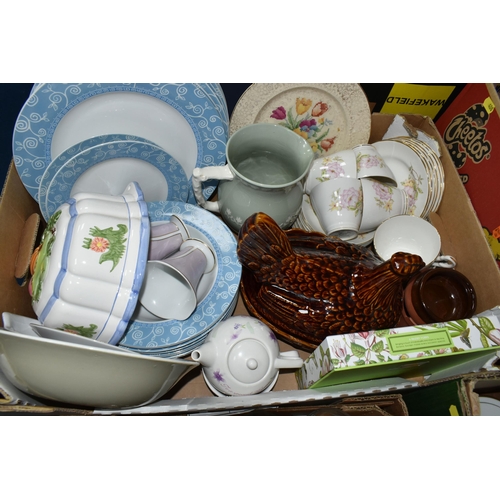 408 - FOUR BOXES OF CERAMICS, GLASS AND METALWARE, including a boxed set of six Portmeirion Botanic Garden... 