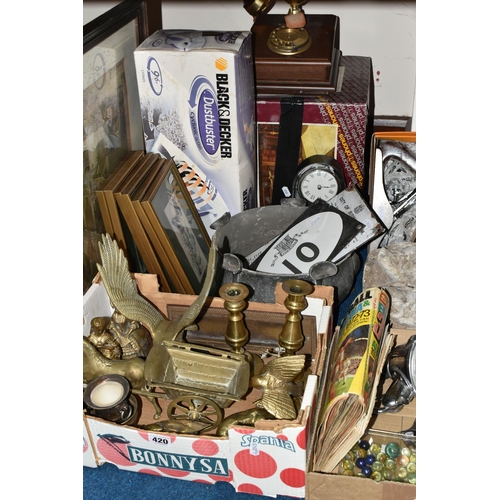 420 - TWO BOXES OF METALWARE AND SUNDRIES, to include an Arts & Crafts Tudric pewter planter raised on fiv... 