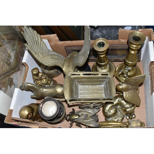 420 - TWO BOXES OF METALWARE AND SUNDRIES, to include an Arts & Crafts Tudric pewter planter raised on fiv... 