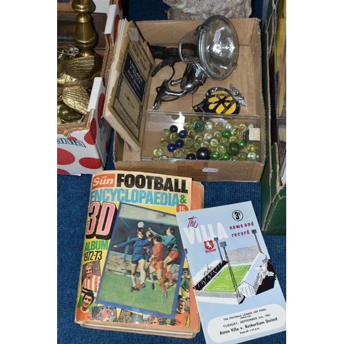 420 - TWO BOXES OF METALWARE AND SUNDRIES, to include an Arts & Crafts Tudric pewter planter raised on fiv... 