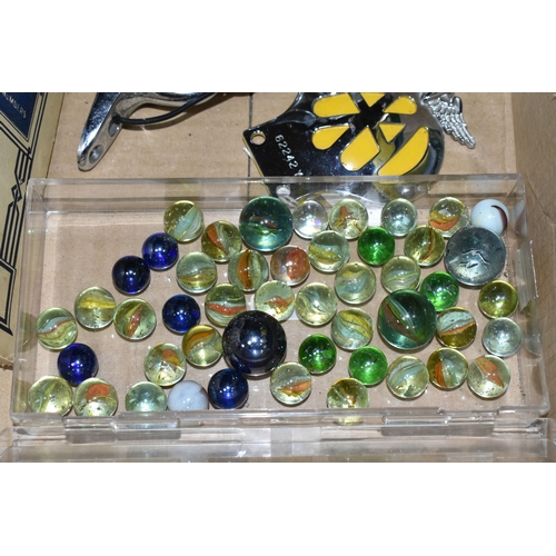 420 - TWO BOXES OF METALWARE AND SUNDRIES, to include an Arts & Crafts Tudric pewter planter raised on fiv... 