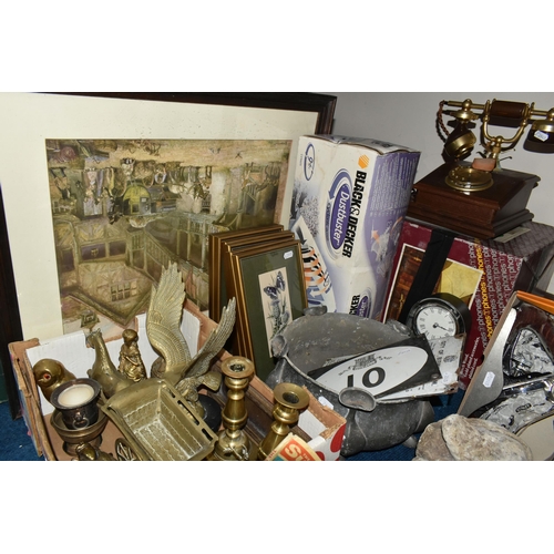 420 - TWO BOXES OF METALWARE AND SUNDRIES, to include an Arts & Crafts Tudric pewter planter raised on fiv... 