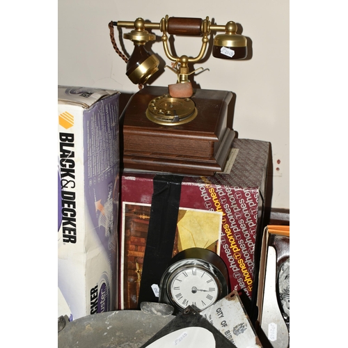 420 - TWO BOXES OF METALWARE AND SUNDRIES, to include an Arts & Crafts Tudric pewter planter raised on fiv... 