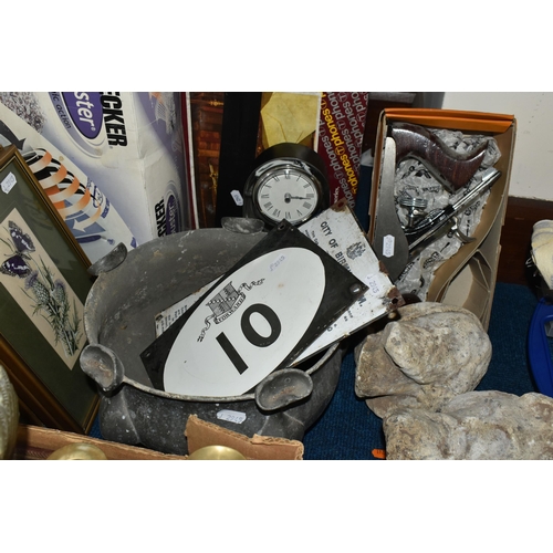 420 - TWO BOXES OF METALWARE AND SUNDRIES, to include an Arts & Crafts Tudric pewter planter raised on fiv... 