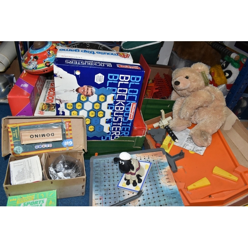 438 - SEVEN BOXES OF ASSORTED BOARD GAMES, TOYS AND SOFT TOYS, boxed games include Blockbusters, Mouse Tra... 