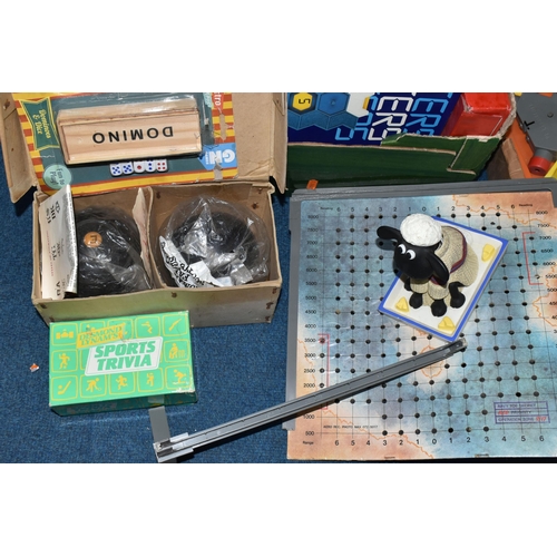 438 - SEVEN BOXES OF ASSORTED BOARD GAMES, TOYS AND SOFT TOYS, boxed games include Blockbusters, Mouse Tra... 