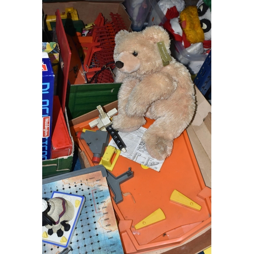 438 - SEVEN BOXES OF ASSORTED BOARD GAMES, TOYS AND SOFT TOYS, boxed games include Blockbusters, Mouse Tra... 