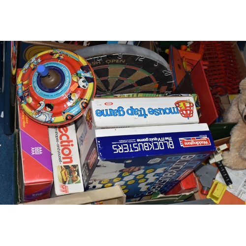438 - SEVEN BOXES OF ASSORTED BOARD GAMES, TOYS AND SOFT TOYS, boxed games include Blockbusters, Mouse Tra... 