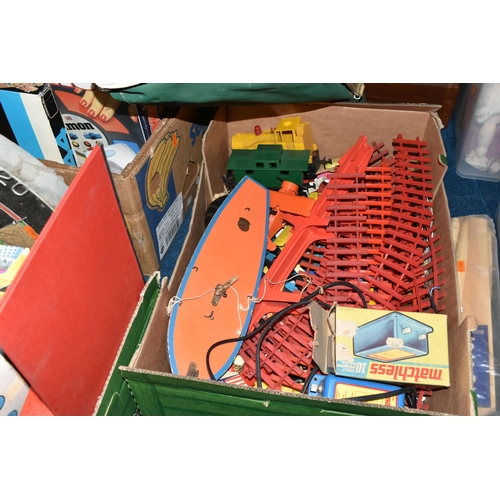 438 - SEVEN BOXES OF ASSORTED BOARD GAMES, TOYS AND SOFT TOYS, boxed games include Blockbusters, Mouse Tra... 