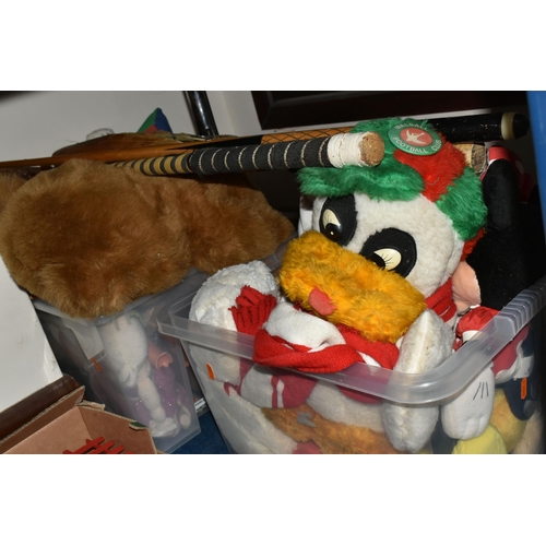 438 - SEVEN BOXES OF ASSORTED BOARD GAMES, TOYS AND SOFT TOYS, boxed games include Blockbusters, Mouse Tra... 