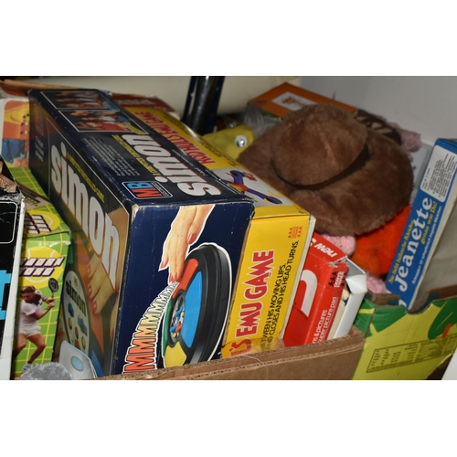 438 - SEVEN BOXES OF ASSORTED BOARD GAMES, TOYS AND SOFT TOYS, boxed games include Blockbusters, Mouse Tra... 