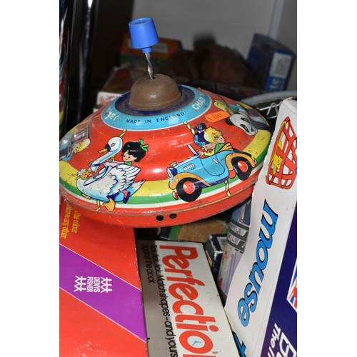 438 - SEVEN BOXES OF ASSORTED BOARD GAMES, TOYS AND SOFT TOYS, boxed games include Blockbusters, Mouse Tra... 