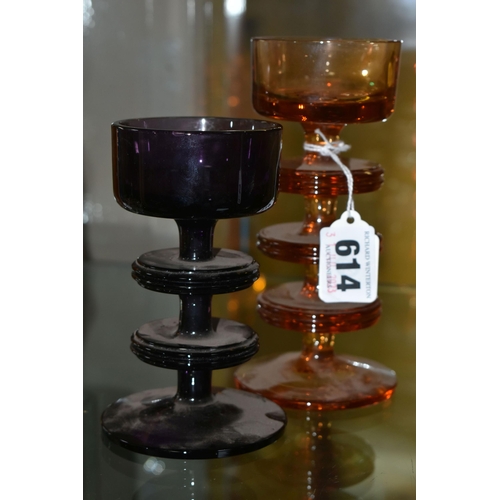 614 - TWO RONALD STENNETT-WILSON FOR WEDGWOOD SHERINGHAM COLOURED GLASS CANDLEHOLDERS, the amethyst glass ... 