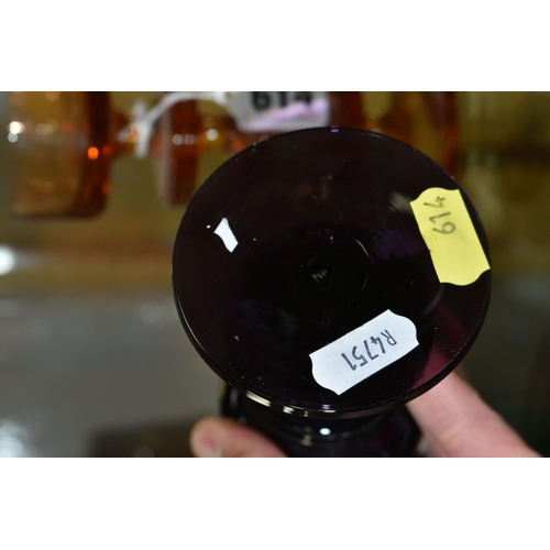 614 - TWO RONALD STENNETT-WILSON FOR WEDGWOOD SHERINGHAM COLOURED GLASS CANDLEHOLDERS, the amethyst glass ... 