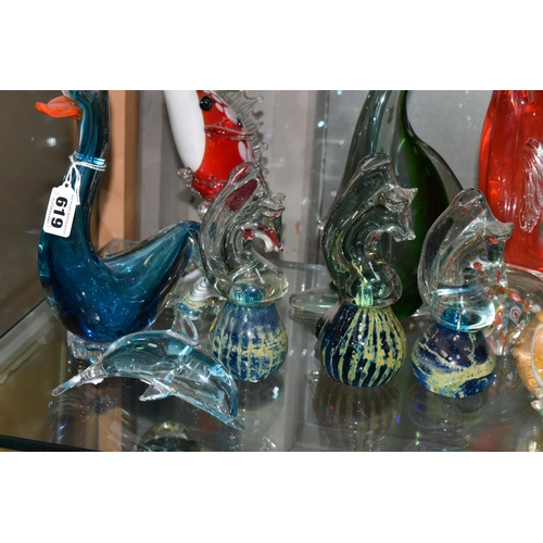619 - A COLLECTION OF ELEVEN GLASS ANIMAL, BIRD AND FISH  PAPERWEIGHTS AND ORNAMENTS, including three Mdin... 