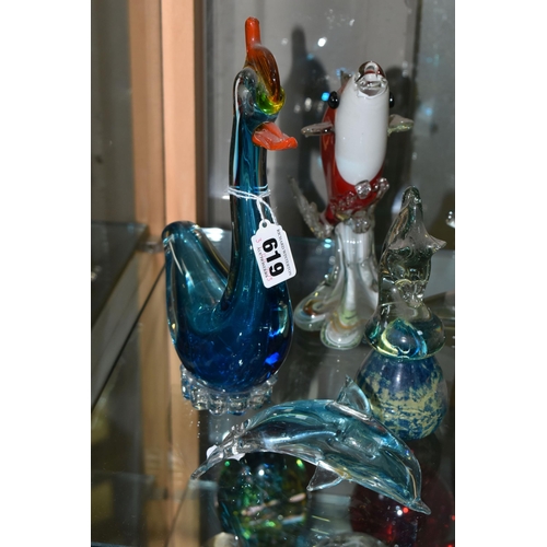 619 - A COLLECTION OF ELEVEN GLASS ANIMAL, BIRD AND FISH  PAPERWEIGHTS AND ORNAMENTS, including three Mdin... 