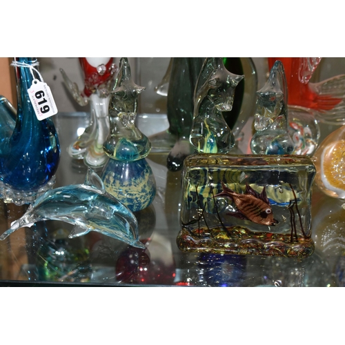 619 - A COLLECTION OF ELEVEN GLASS ANIMAL, BIRD AND FISH  PAPERWEIGHTS AND ORNAMENTS, including three Mdin... 