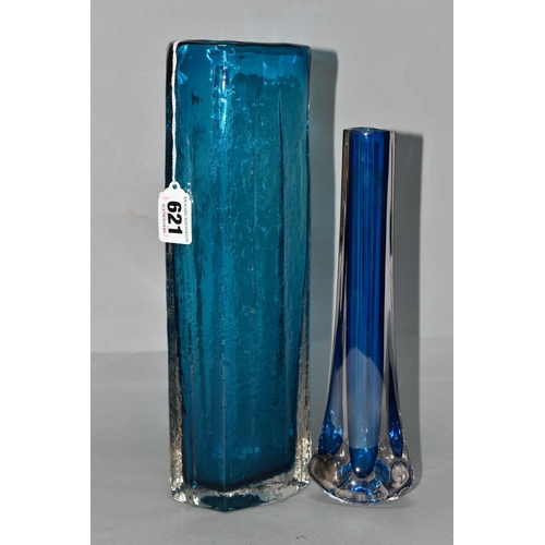 621 - TWO BLUE WHITEFRIARS VASES, comprising a textured range Cucumber vase designed by Geoffrey Baxter, p... 