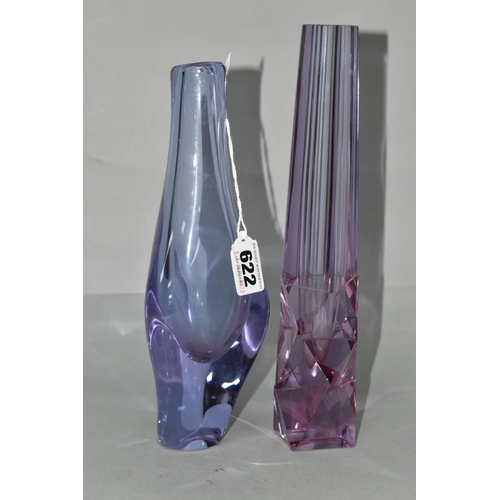 622 - TWO AMETHYST COLOURED NEODYMIUM GLASS VASES, possibly ZBS, unmarked, one of square form with faceted... 