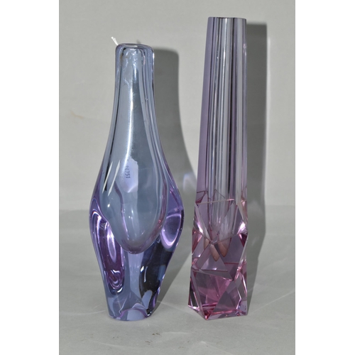 622 - TWO AMETHYST COLOURED NEODYMIUM GLASS VASES, possibly ZBS, unmarked, one of square form with faceted... 