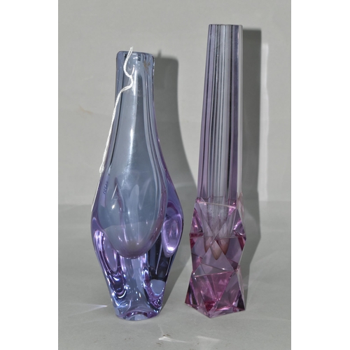 622 - TWO AMETHYST COLOURED NEODYMIUM GLASS VASES, possibly ZBS, unmarked, one of square form with faceted... 