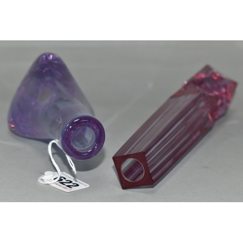 622 - TWO AMETHYST COLOURED NEODYMIUM GLASS VASES, possibly ZBS, unmarked, one of square form with faceted... 