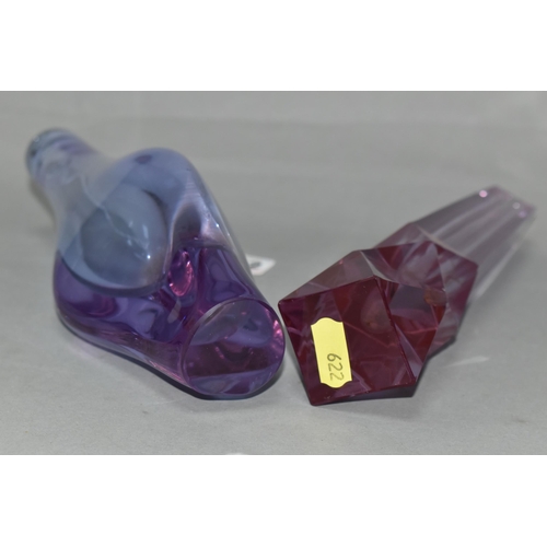 622 - TWO AMETHYST COLOURED NEODYMIUM GLASS VASES, possibly ZBS, unmarked, one of square form with faceted... 