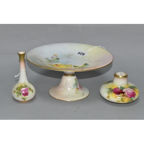 624 - THREE PIECES OF ROYAL WORCESTER PORCELAIN, comprising a comport painted with roses, iron red no. W 6... 